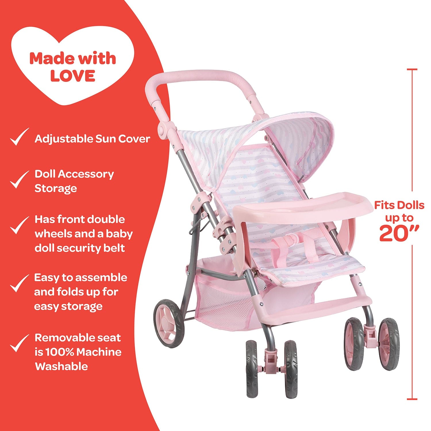 Adora Snack N Go Baby Doll Stroller with Shade - Pastel Pink Hearts