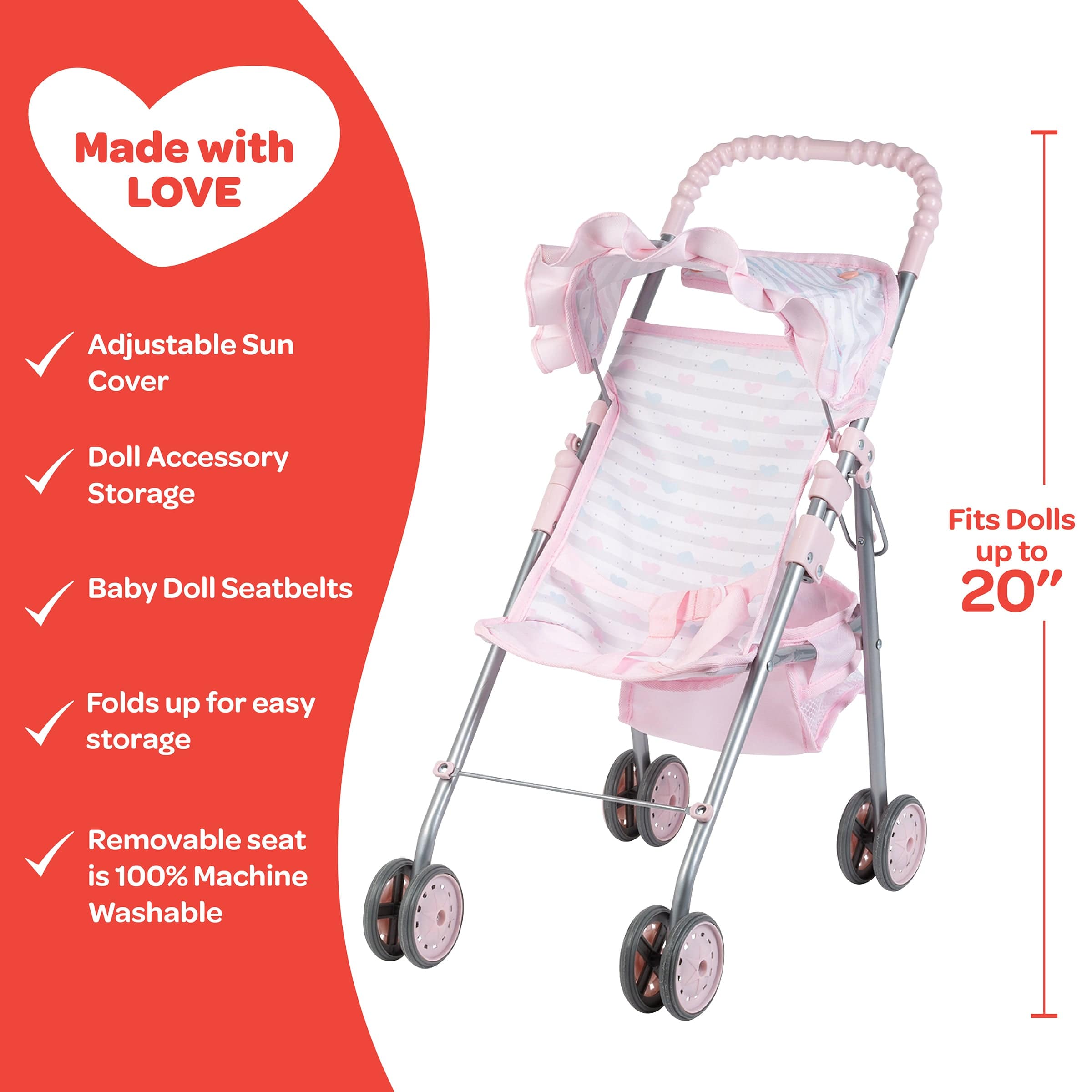Adora Pastel Pink Heart Baby Doll Stroller with Umbrella Shade & Ruffle Trim