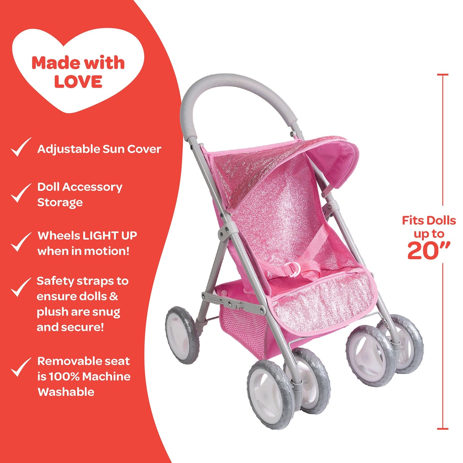 Adora Glittery Baby Doll Stroller with Light-Up Wheels & Medium Shade - Glam Pink