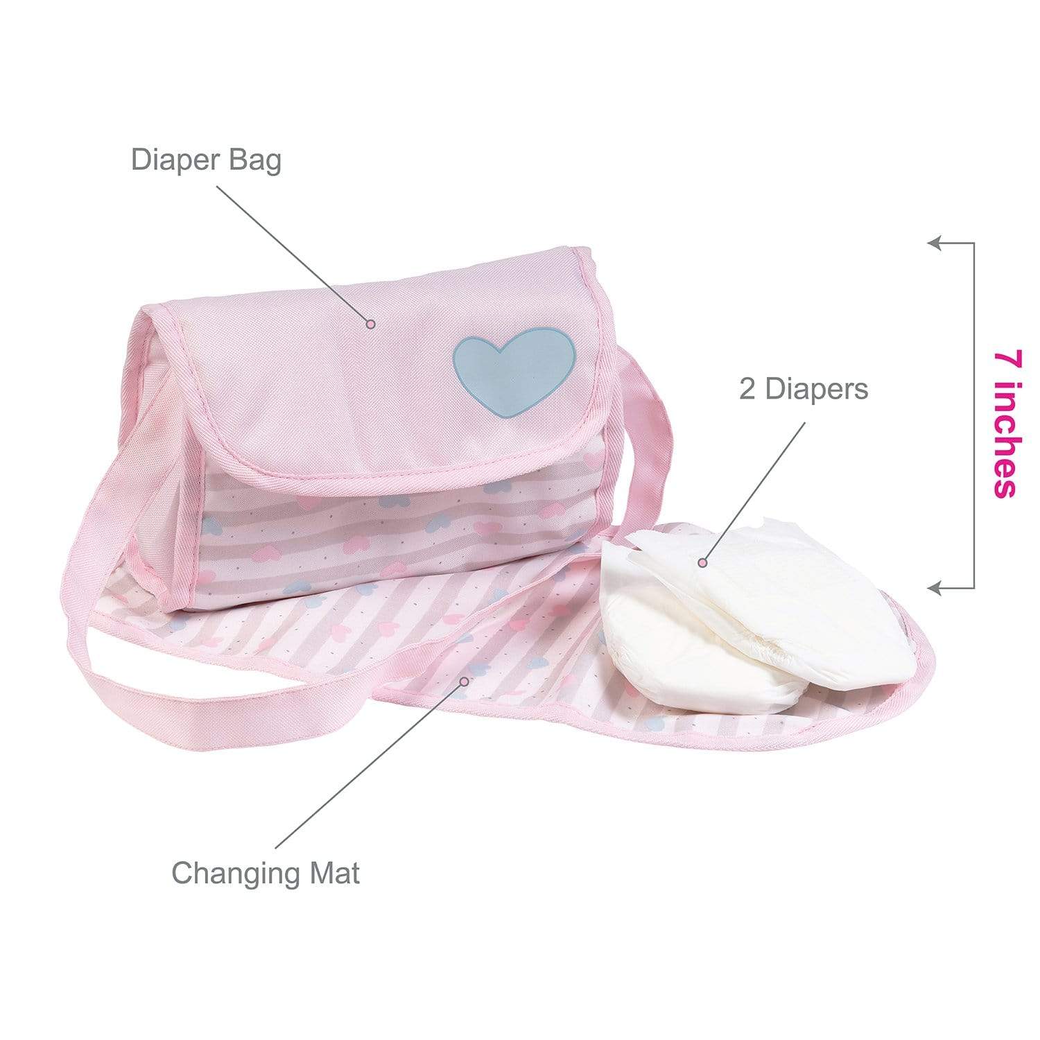 Adora Doll Diaper Bag in Classic Pastel Pink Print, with 2 diapers