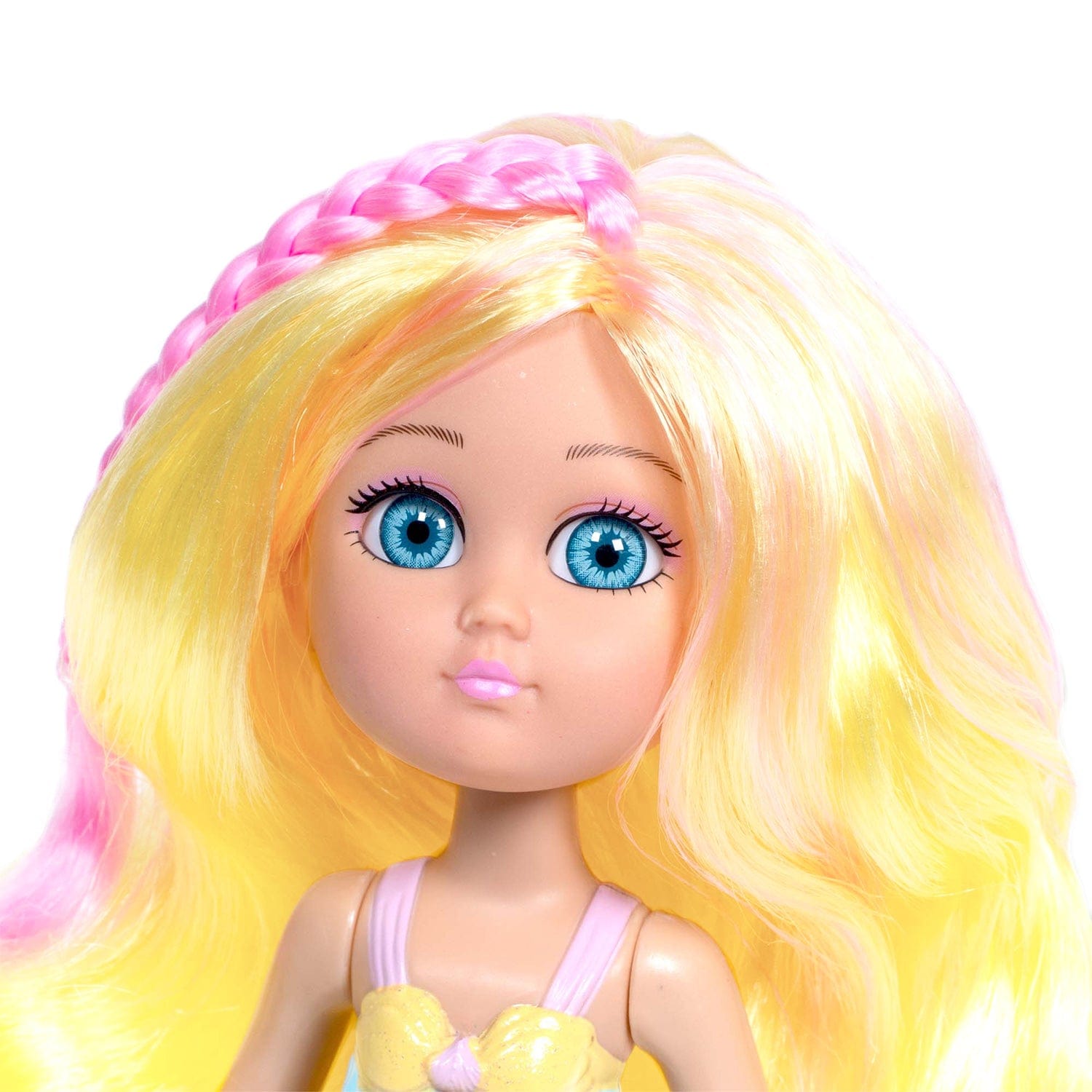 Water Wonder Sandy mermaid doll has brightly colored yellow hair with pink highlights, a glittery yellow bikini top, and blue ruffle accents. Her beautiful mermaid doll tail changes from yellow to red when she’s swimming in cold water. Ages 1+.