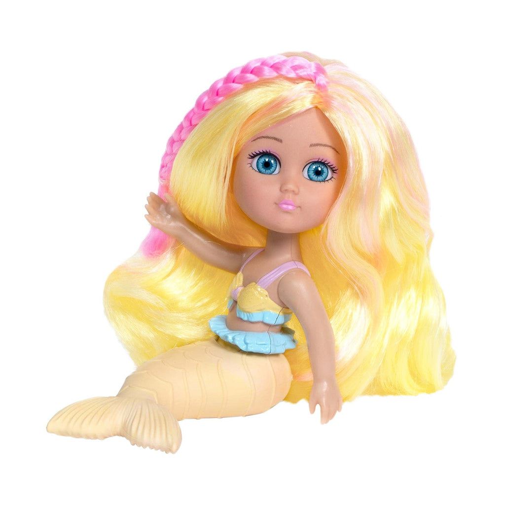 Water Wonder Sandy mermaid doll has brightly colored yellow hair with pink highlights, a glittery yellow bikini top, and blue ruffle accents. Her beautiful mermaid doll tail changes from yellow to red when she’s swimming in cold water. Ages 1+.