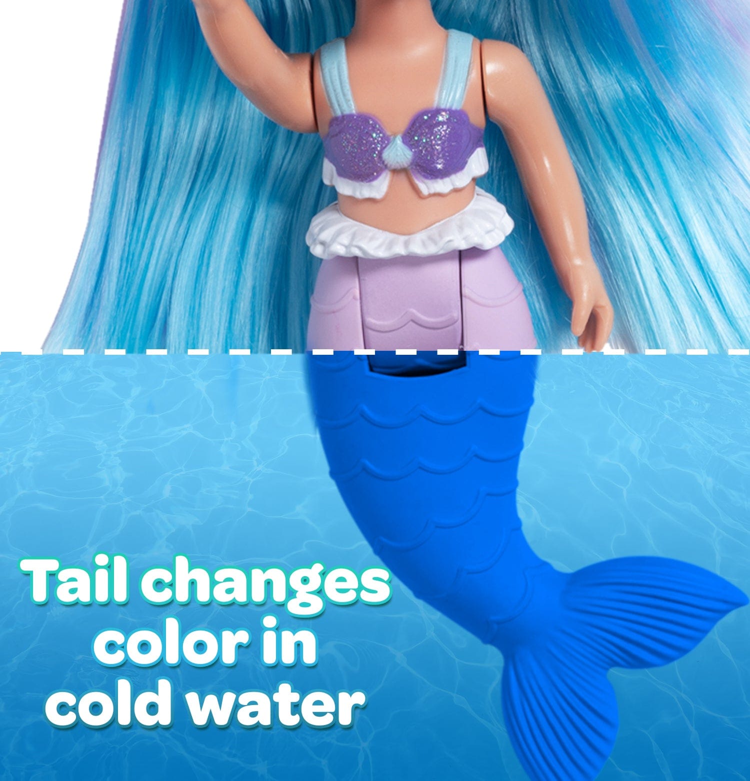 Water Wonder Marina mermaid doll has brightly colored blue hair with purple highlights, a glittery purple bikini top, and white ruffle accents. Her beautiful mermaid doll tail changes from lilac purple to blue when she’s swimming in cold water. Ages 1+.