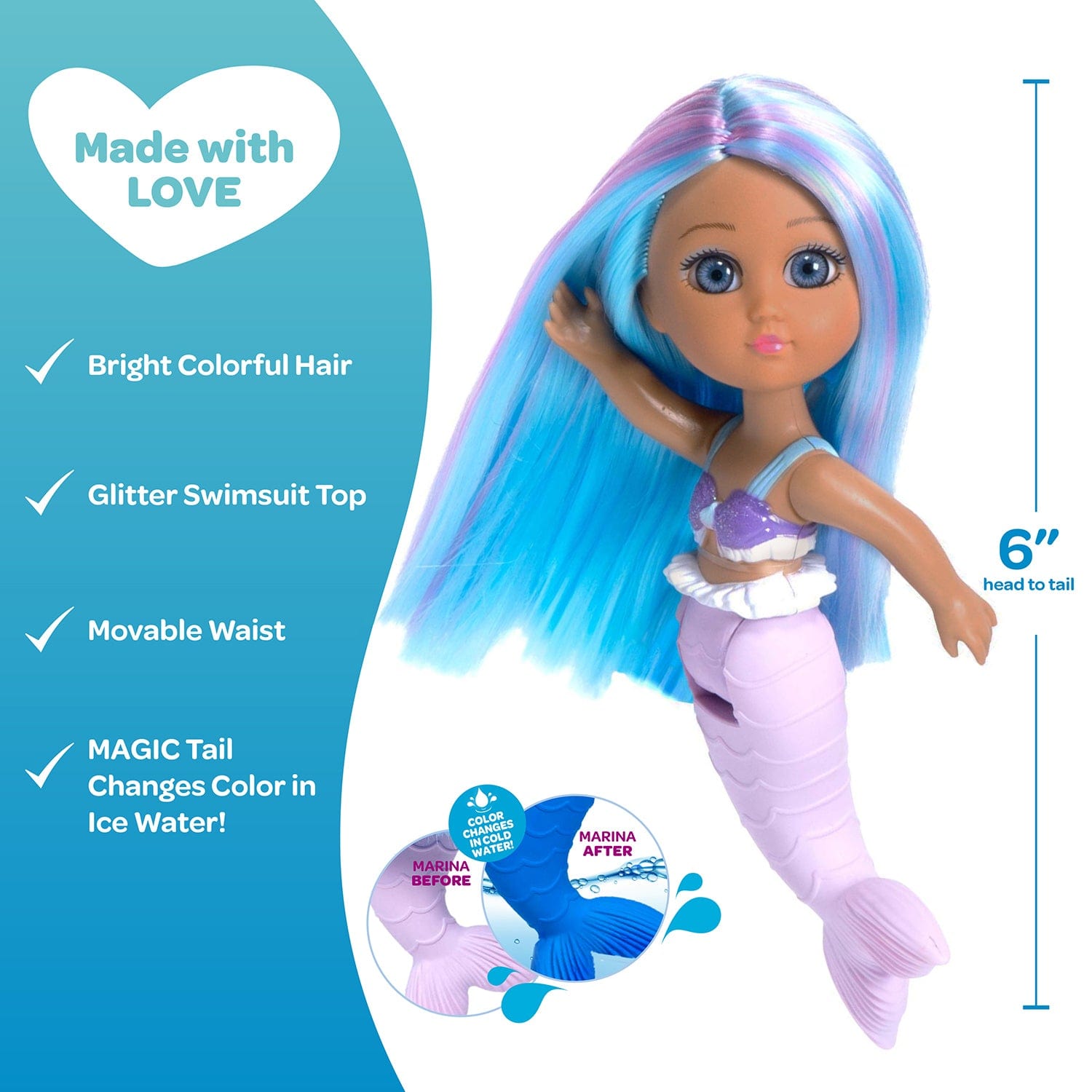 Water Wonder Marina mermaid doll has brightly colored blue hair with purple highlights, a glittery purple bikini top, and white ruffle accents. Her beautiful mermaid doll tail changes from lilac purple to blue when she’s swimming in cold water. Ages 1+.