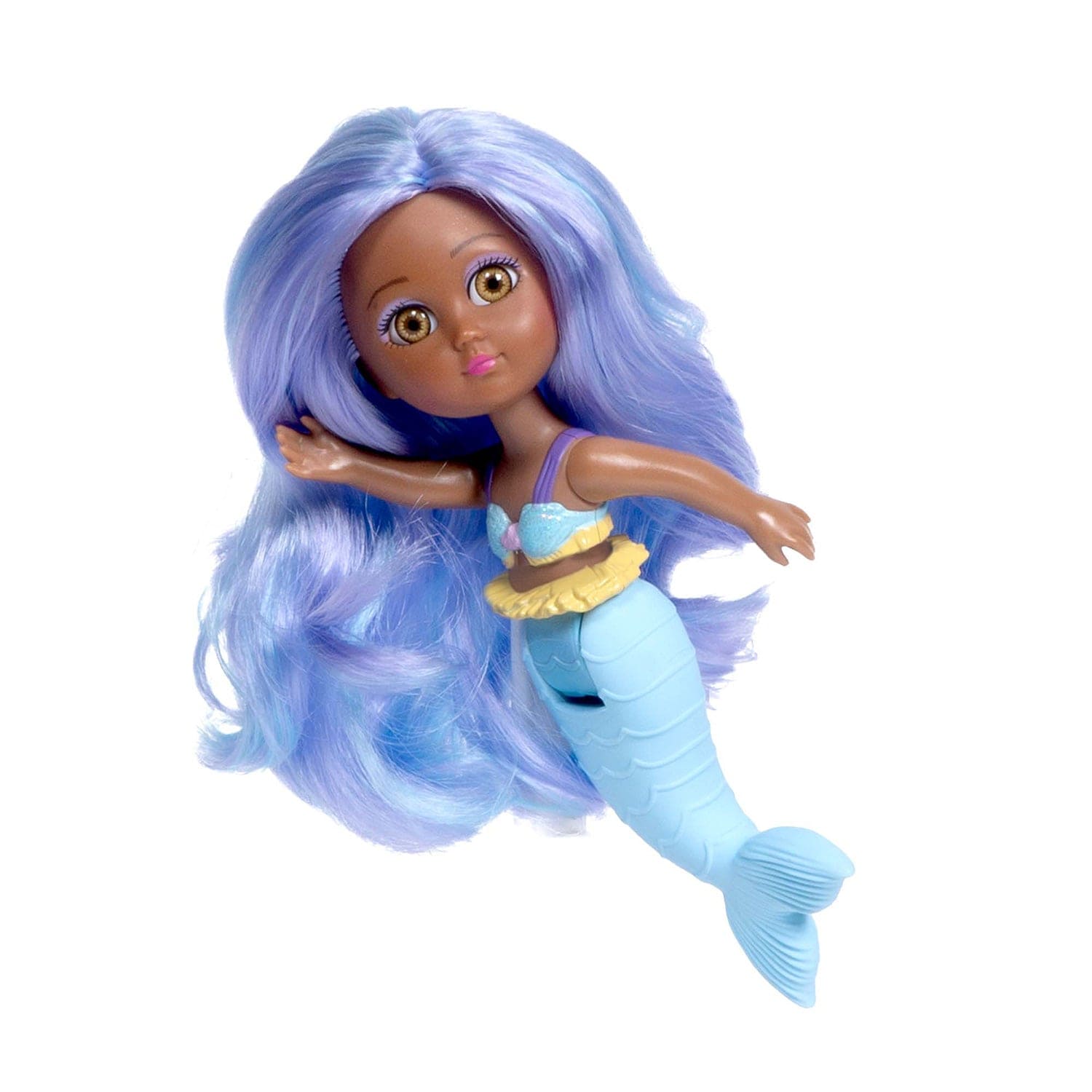 Water Wonder Oceana mermaid doll has light purple hair with blue highlights, a glittery blue bikini top, and yellow ruffle accents. Her beautiful mermaid doll tail changes from light blue to purple when she’s swimming in cold water. Ages 1+.