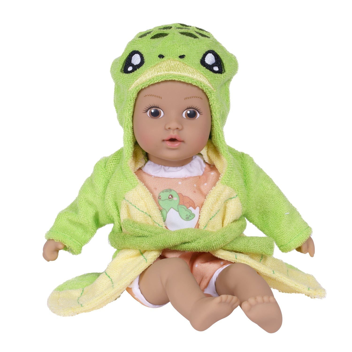 Adora BathTime baby doll set comes with one 8.5-inch baby doll boy, an attached sandy-colored sea turtle-print swimsuit, and an embroidered hooded Sea Turtle terry bathrobe complete with an embroidered face and green turtle shell on the back. 100% machine washable - made to love and last with Adora's exclusive Quick Dry fabric. 