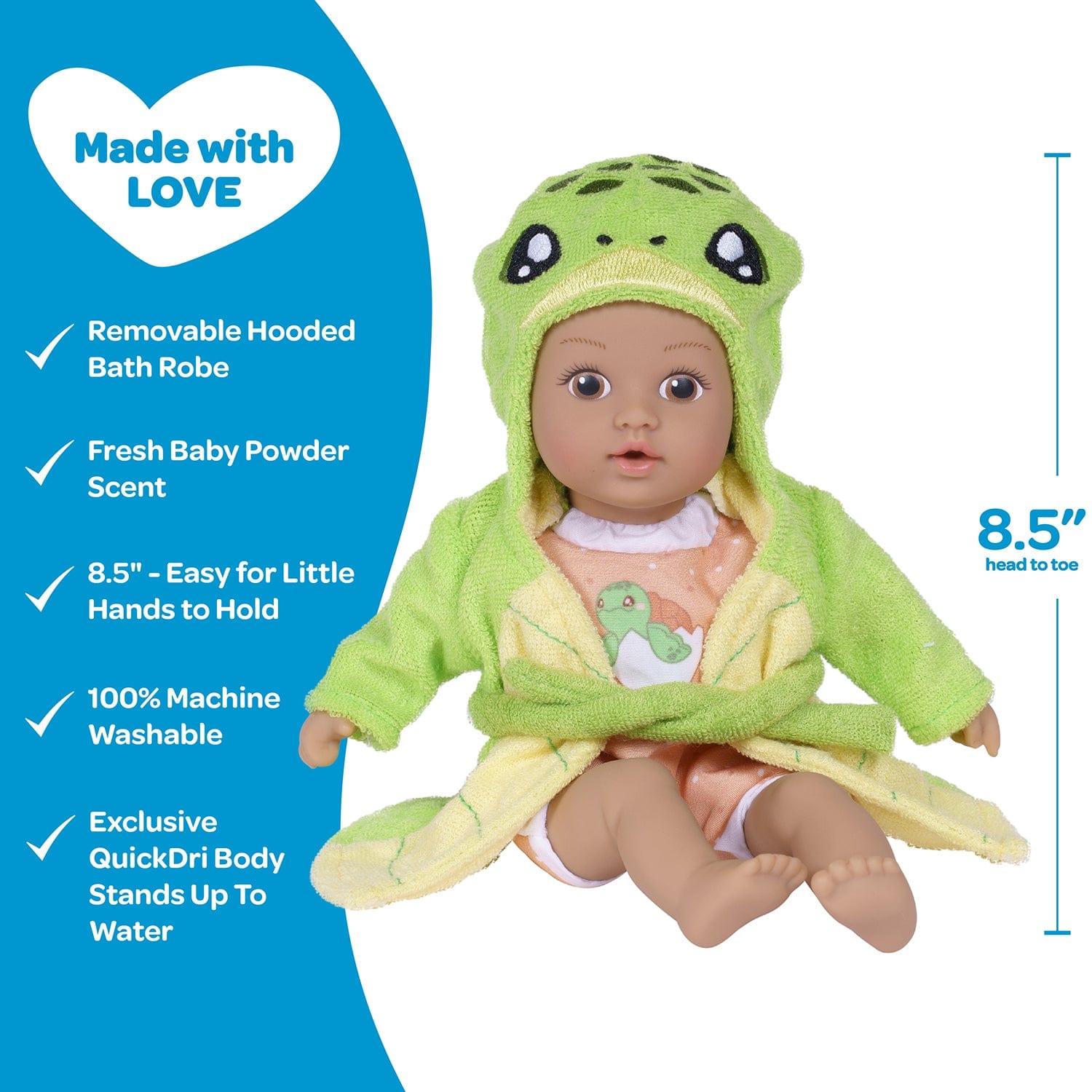 Adora BathTime baby doll set comes with one 8.5-inch baby doll boy, an attached sandy-colored sea turtle-print swimsuit, and an embroidered hooded Sea Turtle terry bathrobe complete with an embroidered face and green turtle shell on the back. 100% machine washable - made to love and last with Adora's exclusive Quick Dry fabric. 