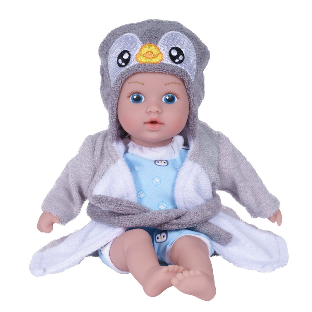 Adora BathTime baby doll set comes with one 8.5-inch baby doll boy, an attached light blue penguin- and ice cube-print swimsuit, and a hooded Penguin terry bathrobe complete with an embroidered penguin face. 100% Machine Washable - Made to love and last with exclusive Quick Dry Fabric. 