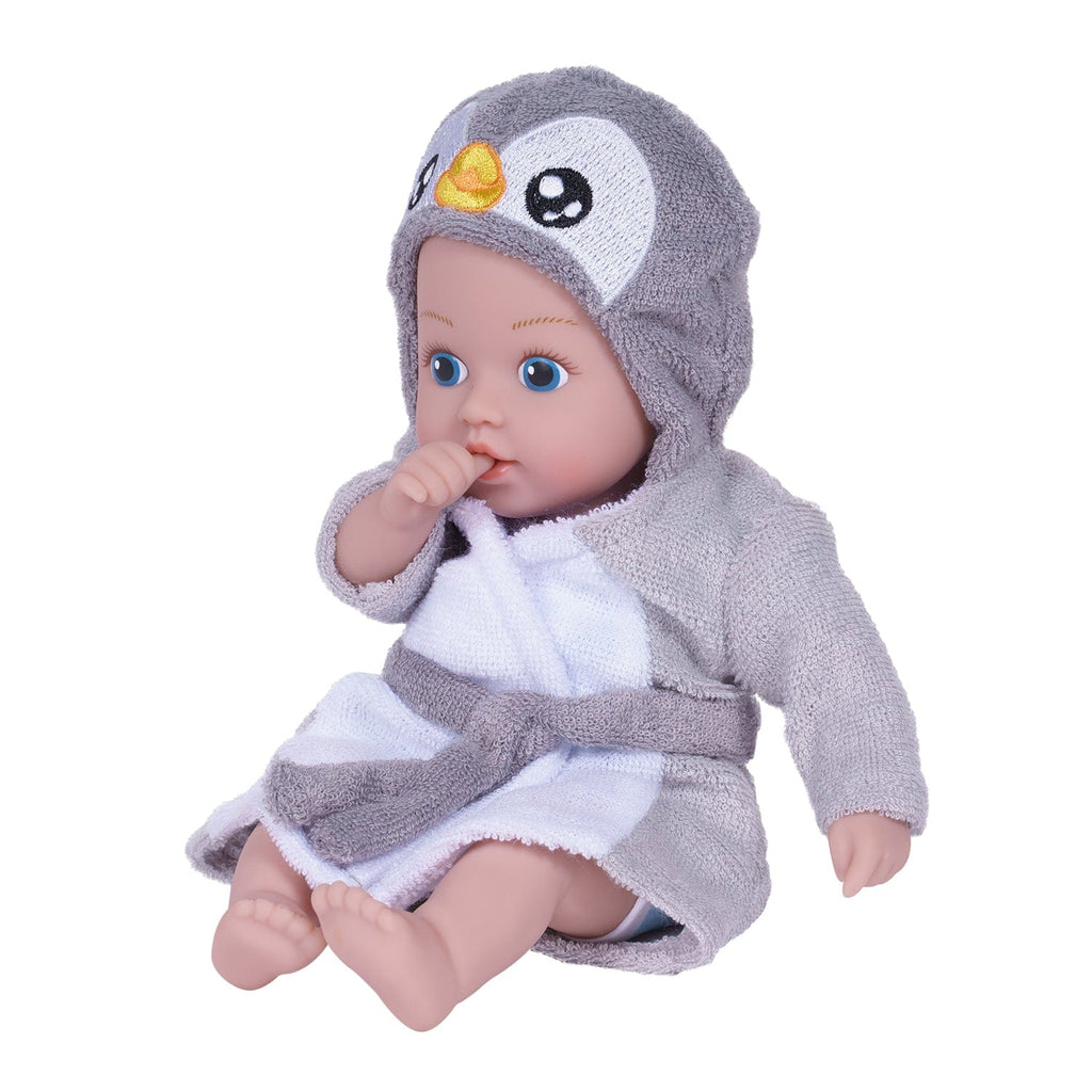 Adora BathTime baby doll set comes with one 8.5-inch baby doll boy, an attached light blue penguin- and ice cube-print swimsuit, and a hooded Penguin terry bathrobe complete with an embroidered penguin face. 100% Machine Washable - Made to love and last with exclusive Quick Dry Fabric. 