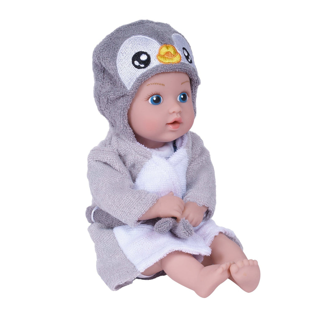 Adora BathTime baby doll set comes with one 8.5-inch baby doll boy, an attached light blue penguin- and ice cube-print swimsuit, and a hooded Penguin terry bathrobe complete with an embroidered penguin face. 100% Machine Washable - Made to love and last with exclusive Quick Dry Fabric. 