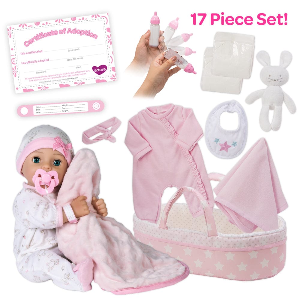 Adoption Baby Doll & Plush Bunny Bundle - 17 Piece Set