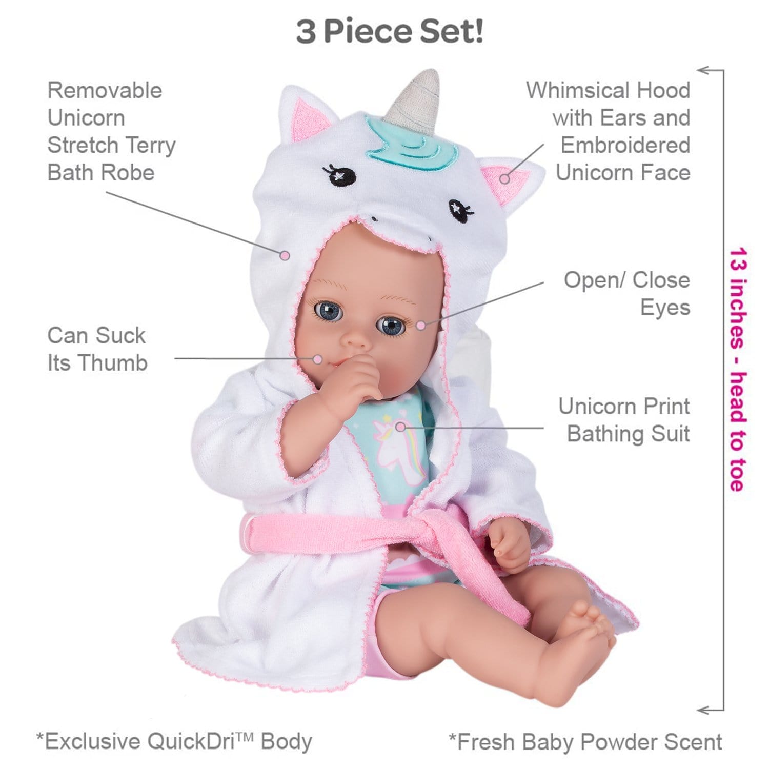 Adora Water Baby Doll BathTime Unicorn Doll, 8.5 inch Bath Toy