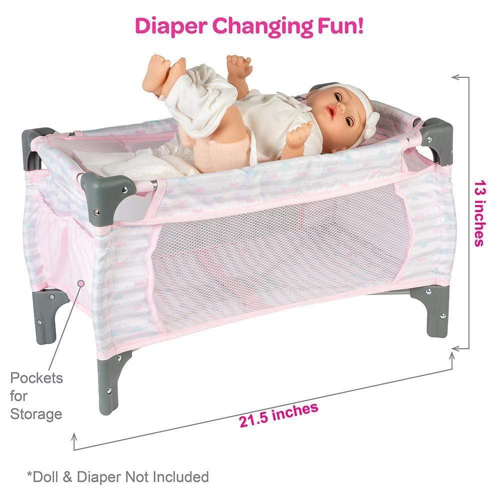 Adora Baby Doll Crib Pink Deluxe Pack N Play 7-Piece Set Fits Dolls Up to 20 Inches, Bed/Playpen/Crib, Changing Table, 3 Clou