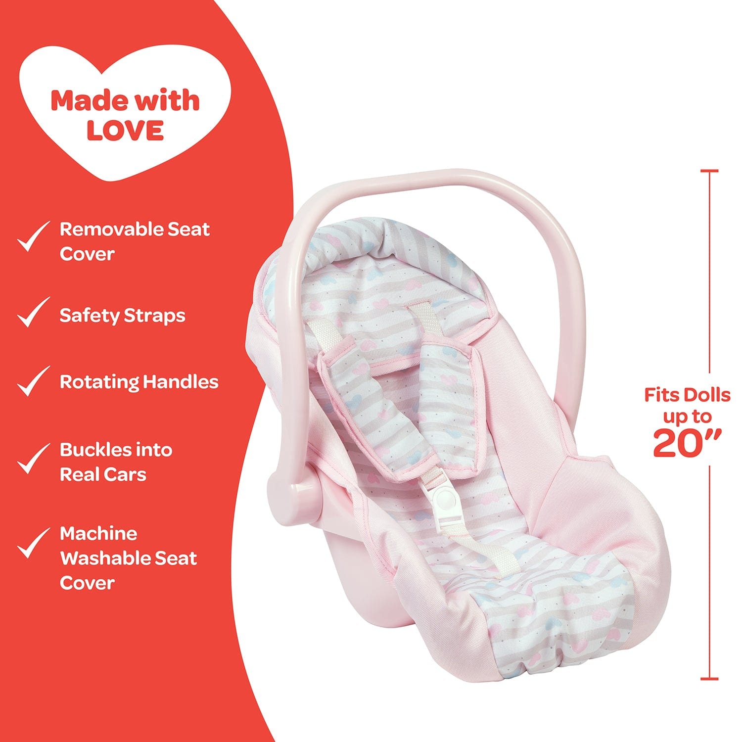 Adora Baby Doll Car Seat Carrier - Pastel Pink Hearts