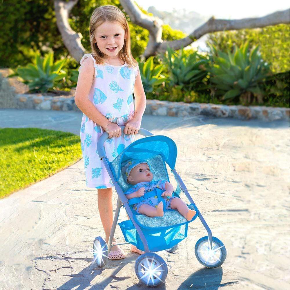 baby doll carriage for toddlers Adora Glittery Baby Doll Stroller with Light-Up Wheels & Medium Shade