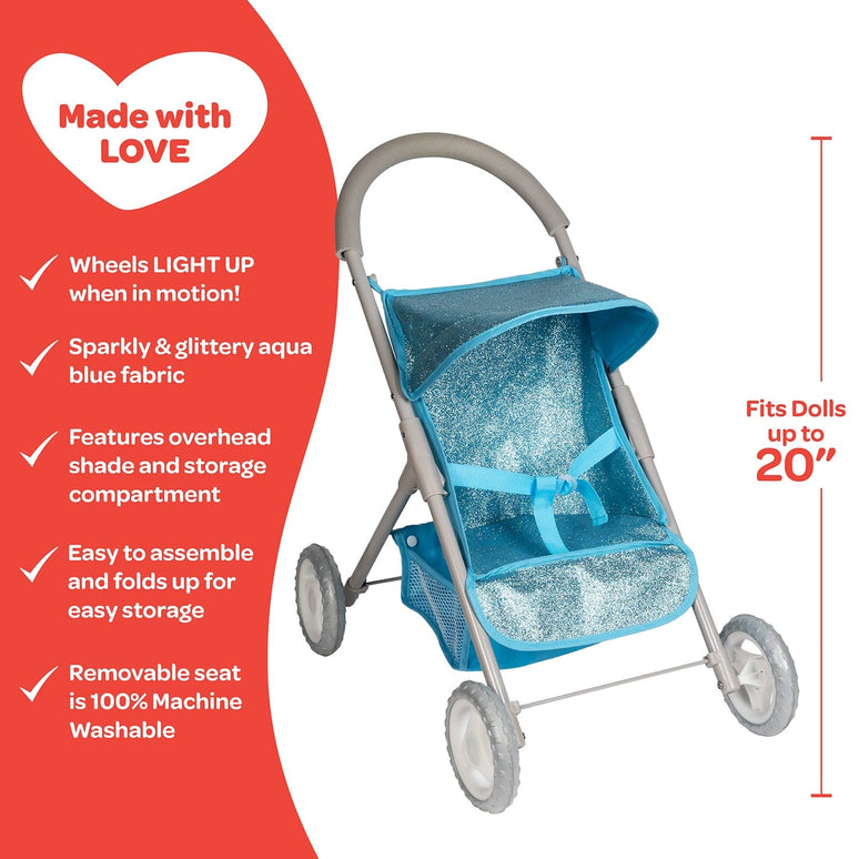 Adora Glittery Baby Doll Stroller with Light-Up Wheels & Medium Shade - Blue Glam