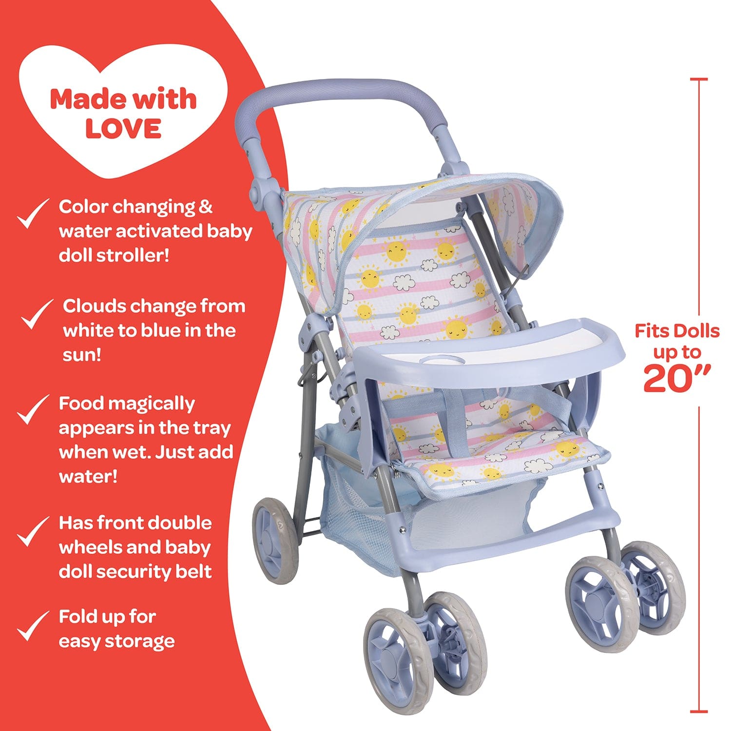Adora Snack N Go Baby Doll Stroller with Color-Changing Shade & Tray - Sunny Days Blue