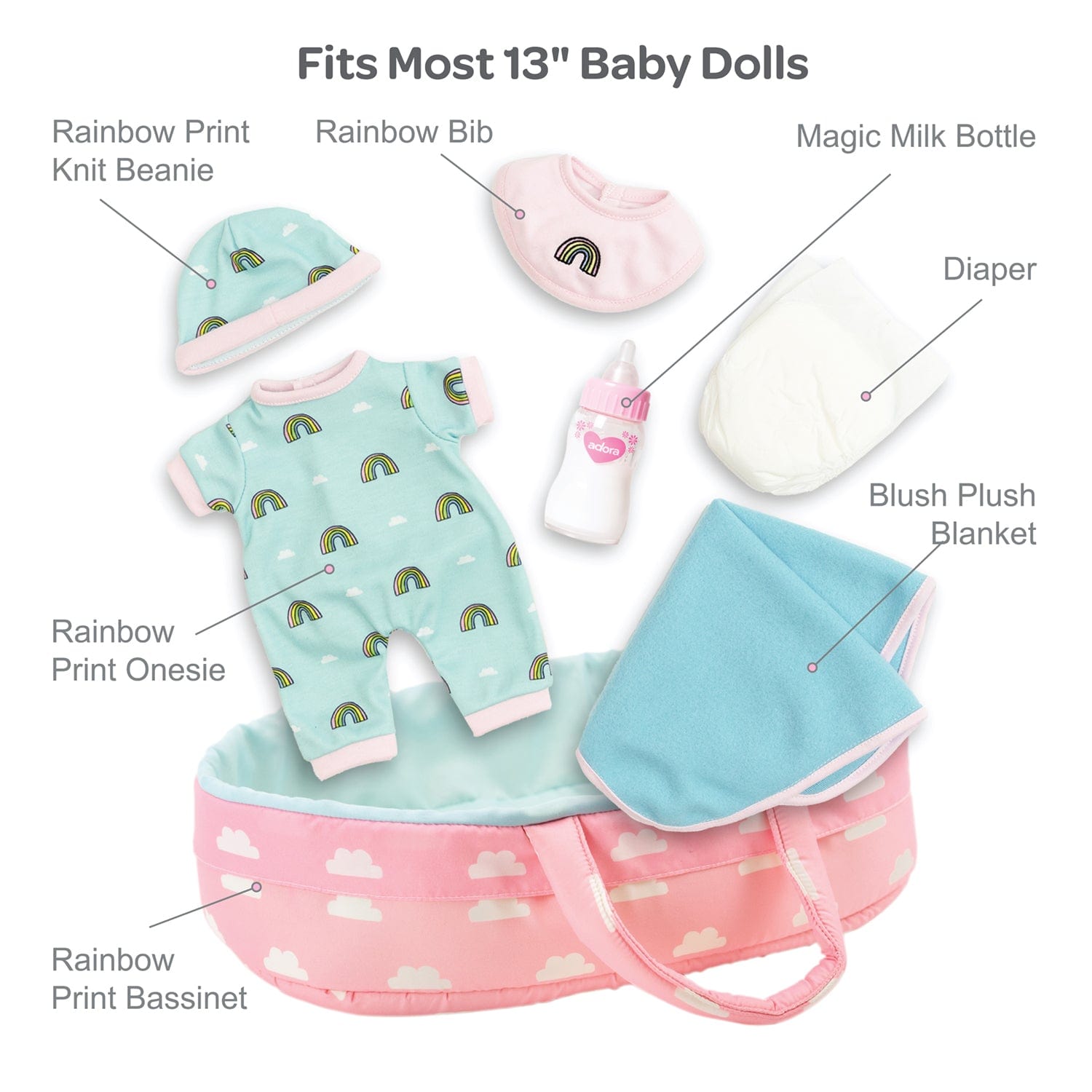 PlayTime Nurturing Essentials for 13 inch Babies -7 Piece Gift Set in Rainbow print