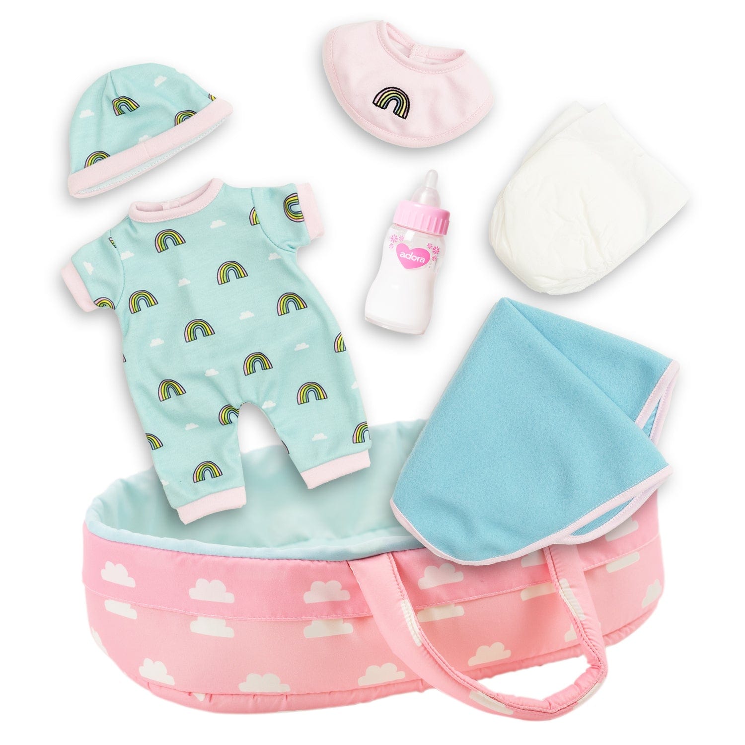 PlayTime Nurturing Essentials for 13 inch Babies -7 Piece Gift Set in Rainbow print