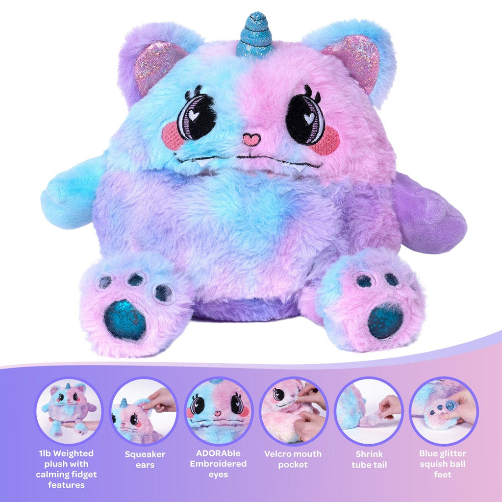 Adora's Kitty Calm Cuddle Monster cute stuffed animal has ultra-soft faux fur to provide maximum soothing, plus built-in fidget toys in her paws, ears, and tail to provide sensory relief. She has a 1 lb. weighted body to help relieve anxiety and stress, plus her 7" size is perfect for little hands. 