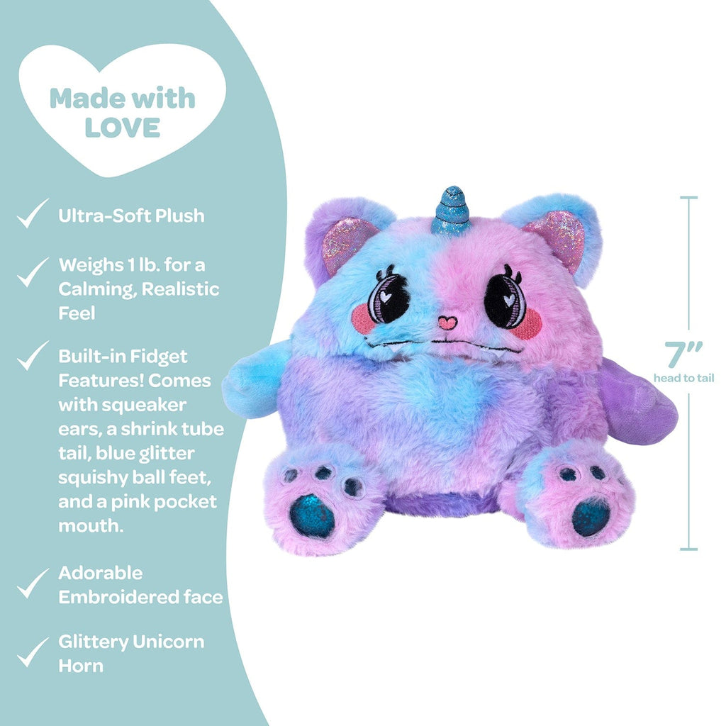 Adora's Kitty Calm Cuddle Monster cute stuffed animal has ultra-soft faux fur to provide maximum soothing, plus built-in fidget toys in her paws, ears, and tail to provide sensory relief. She has a 1 lb. weighted body to help relieve anxiety and stress, plus her 7" size is perfect for little hands. 