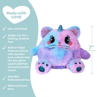 Adora's Kitty Calm Cuddle Monster cute stuffed animal has ultra-soft faux fur to provide maximum soothing, plus built-in fidget toys in her paws, ears, and tail to provide sensory relief. She has a 1 lb. weighted body to help relieve anxiety and stress, plus her 7