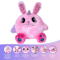 Adora's Bunny Hugs Cuddle Monster cute stuffed animal has ultra-soft faux fur to provide maximum soothing, plus built-in fidget toys in her paws, ears, and tail to provide sensory relief. She has a 1 lb. weighted body to help relieve anxiety and stress, plus her 7