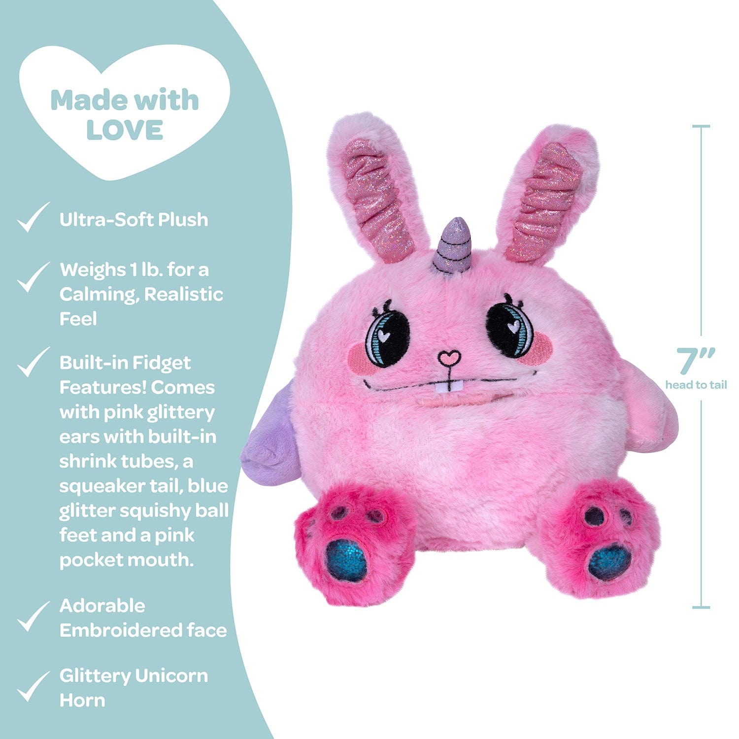 Adora's Bunny Hugs Cuddle Monster cute stuffed animal has ultra-soft faux fur to provide maximum soothing, plus built-in fidget toys in her paws, ears, and tail to provide sensory relief. She has a 1 lb. weighted body to help relieve anxiety and stress, plus her 7
