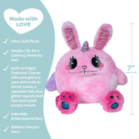 Adora's Bunny Hugs Cuddle Monster cute stuffed animal has ultra-soft faux fur to provide maximum soothing, plus built-in fidget toys in her paws, ears, and tail to provide sensory relief. She has a 1 lb. weighted body to help relieve anxiety and stress, plus her 7