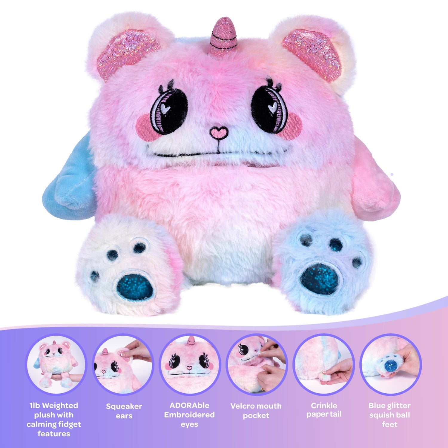 Adora's Happy Teddy Cuddle Monster cute stuffed animal has ultra-soft faux fur to provide maximum soothing, plus built-in fidget toys in her paws, ears, and tail to provide sensory relief. She has a 1 lb. weighted body to help relieve anxiety and stress, plus her 7