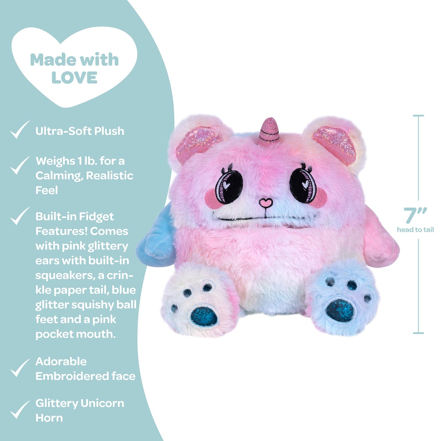 Adora's Happy Teddy Cuddle Monster cute stuffed animal has ultra-soft faux fur to provide maximum soothing, plus built-in fidget toys in her paws, ears, and tail to provide sensory relief. She has a 1 lb. weighted body to help relieve anxiety and stress, plus her 7