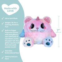 Adora's Happy Teddy Cuddle Monster cute stuffed animal has ultra-soft faux fur to provide maximum soothing, plus built-in fidget toys in her paws, ears, and tail to provide sensory relief. She has a 1 lb. weighted body to help relieve anxiety and stress, plus her 7