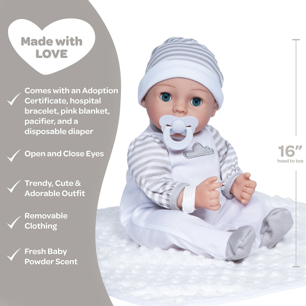 Gender-neutral baby doll set comes with one 16" weighted baby doll, a Certificate of Adoption, a pacifier, a hospital bracelet, a disposable diaper, a baby blanket, a crib, and a removable striped, cloud-print onesie with a matching cap.