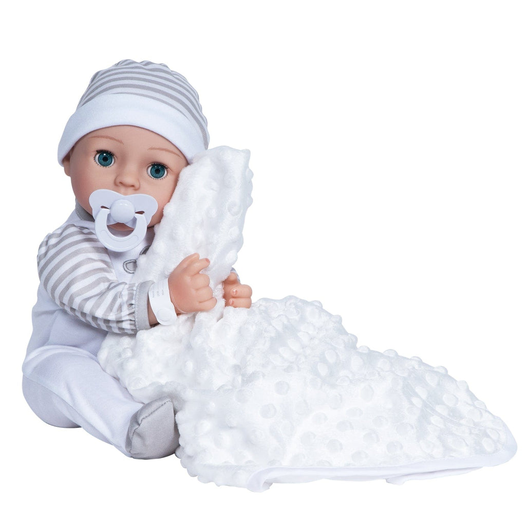 Gender-neutral baby doll set comes with one 16" weighted baby doll, a Certificate of Adoption, a pacifier, a hospital bracelet, a disposable diaper, a baby blanket, a crib, and a removable striped, cloud-print onesie with a matching cap.