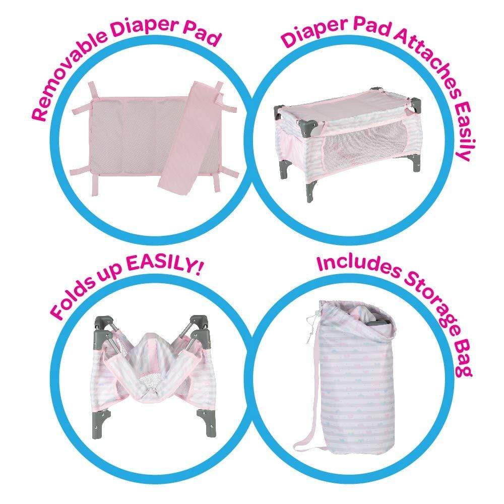 Adora Baby 7 piece Doll Crib Set - Deluxe Pink Pack N Play 20"